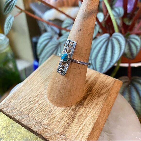 Copper Blue Turquoise Moon Phase Hammered Sterling Silver Ring Size 6.5 - Picture 7 of 7